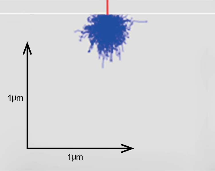 図.モンテカルロシミュレーションで計算された照射電圧1kV、5kV及び10kVの一次電子侵入深さ(試料Si)